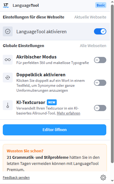 Language Tool Menü
