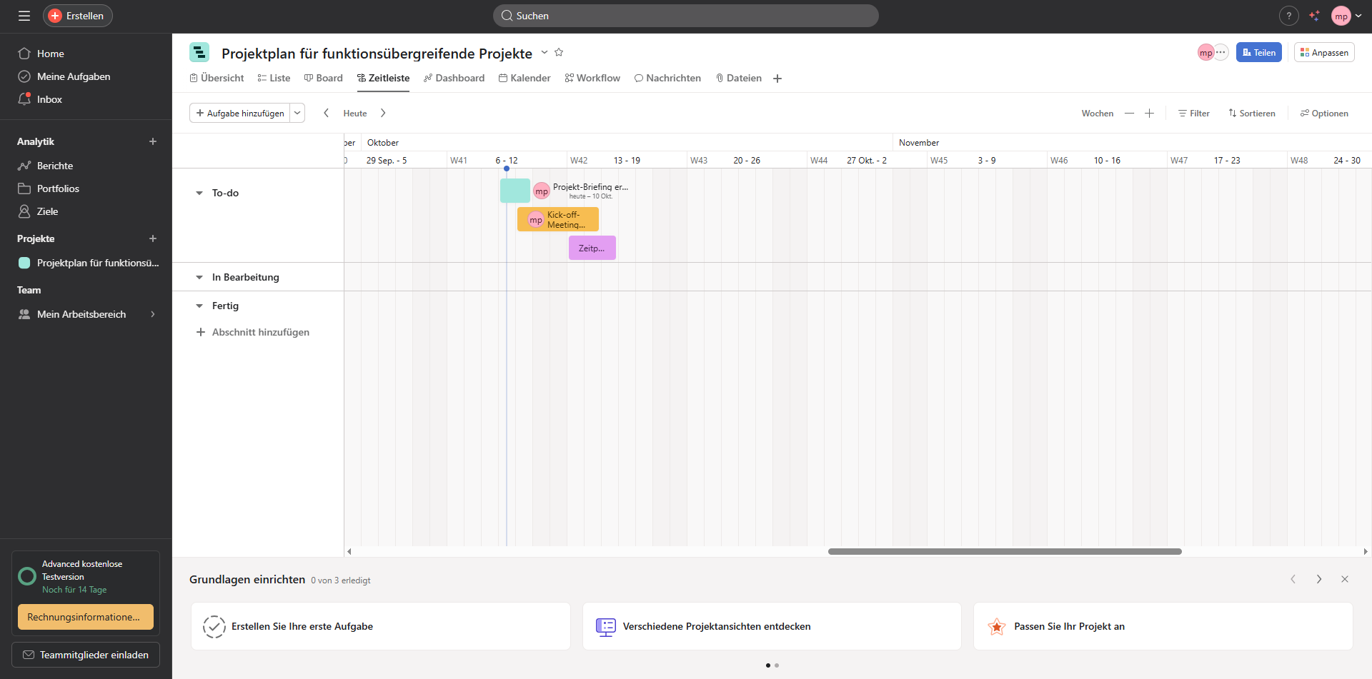Asana Hauptbildschirm