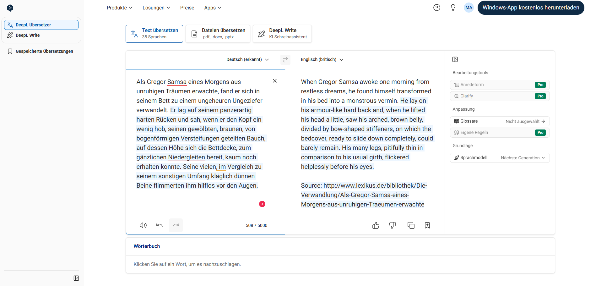 Ein Screenshot der die übersetzungsfunktionen von deepl demonstriert