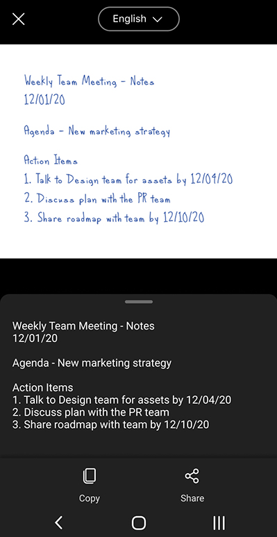 msLens scannt handgeschriebenen Text