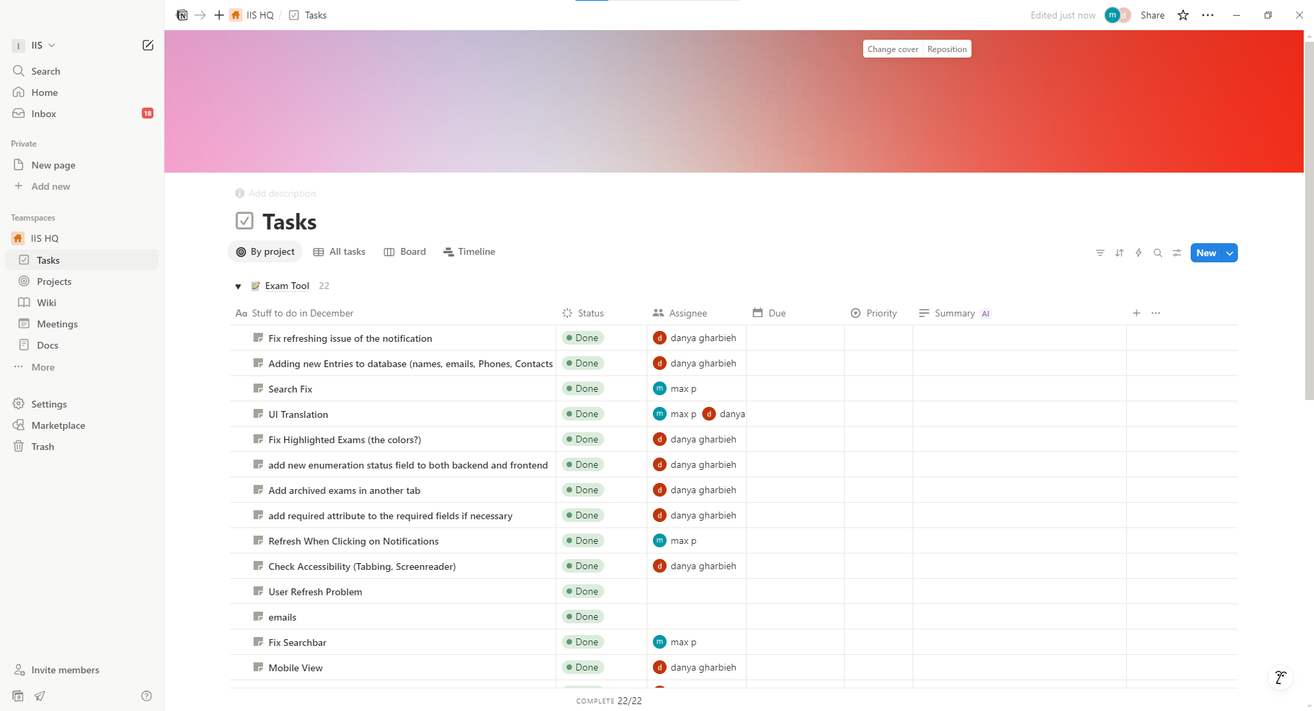 Notion Main view mit den Tasks