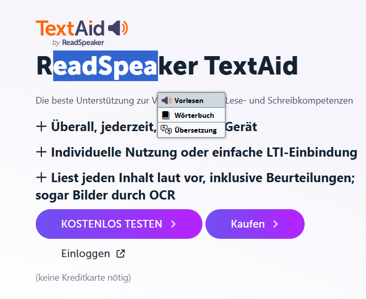 Readspeaker Textaid auf verwendung auf der Webseite